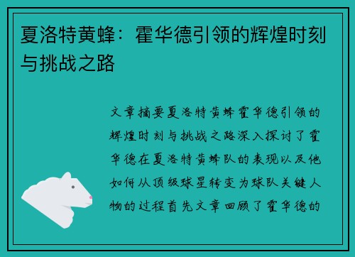 夏洛特黄蜂：霍华德引领的辉煌时刻与挑战之路